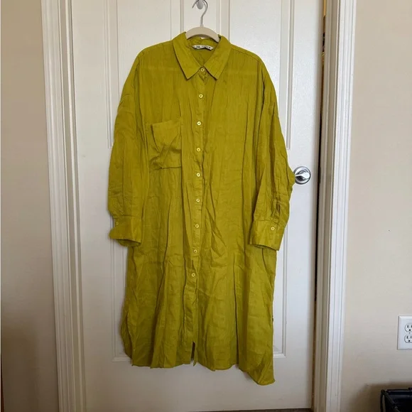 ZARA Chartreuse/ Lime green Linen Shirt Dress XXL - Picture 3 of 9